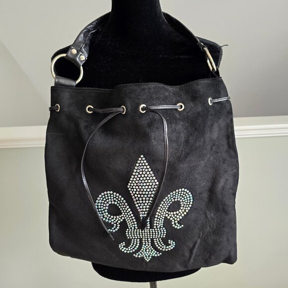Black Suede Iridescent Multi Color Crystal Fleur de Lis Hobo Tote Bag NEW - Picture 6 of 7